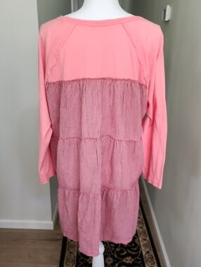 Mododoc Mixed Media Tunic 1X Cotton Long Sleeve Relaxed Pink